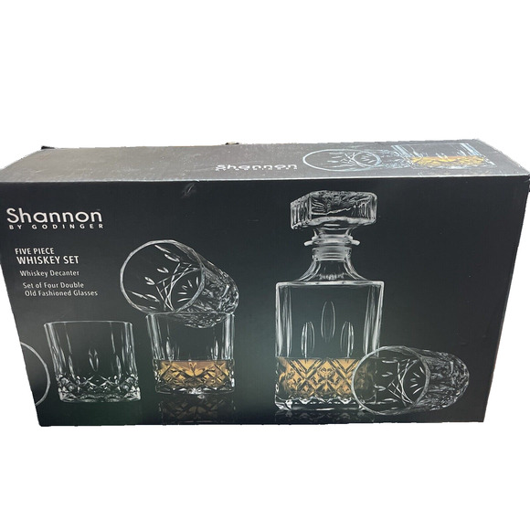 Shannon by Godinger Crystal Whiskey Decanter & 4 Double Old Fashioned Glasses - Picture 1 of 3